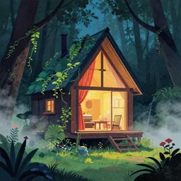 ( ( dither ) ), editorial illustration angled view, cozy cabin illustated by zaha hadid, lush forest, night, foliage, vines, flowers fog, colorful modern, mads berg, karolis straututniekas. ( ( christopher balskas ) ), lomography, dramatic lighting,, wood block print