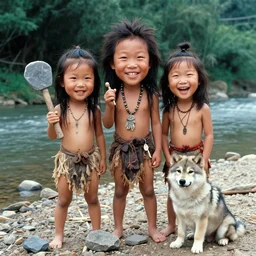 a full - body portrait of little asian cuties caveman, have 3 times oversized head, smile expression, make stone tools at the river bank, holding the stone adze, cute oversized head wolf puppy sits beside them, a colorized photo, colorized, # film, movie still