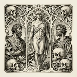 memento mori by amano, augustus pugin, and cameron gray, detailed realistic etching, gothic ornament, necropunk, skulls, bones, art nouveau, neogothic, ornate art nouveau botanicals