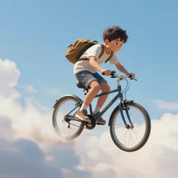 A boy riding a bicycle flying through the clouds, painting, trending in artstation, artstationHD, artstationHQ, highly detailed, 4k