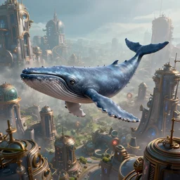 alien whale flying over a steampunk city, 3d scene, render, ultra realistic, zenith view, Greg Rutkowski, artstation, cgsociety, level design, unreal engine alien whale flying over a steampunk city, 3d scene, render, ultra realistic, zenith view, Enki Bilal style
