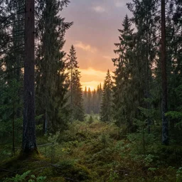 beautiful rainy forest landscape of sweden with a majestic sunrise, art, high detail, high definition, photorealistic, hdr,