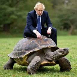 boris johnson sitting on the back of a giant tortoise