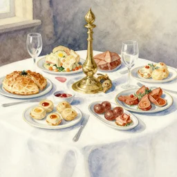 paint brush strokes, abstract watercolor painting of medieval food serving, table cloth, art by hans dahl, by jesper ejsing, art by anders zorn, wonderful masterpiece by greg rutkowski, cinematic light, american romanticism by greg manchess, creation by tyler edlin