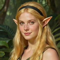 Face portrait of a gorgeous Elf lady, long golden hair, jungle ranger attire, pale skin, light green eyes, small nose, pretty smile, black headband, Alone, no extra characters, pointy ears high fantasy, by Joseph Christian Leyendecker, by donato giancola, matte painting, rending on artstation, artstationHD, artstationHQ, no extra characters, no extra arms, no extra hands, HD 8K