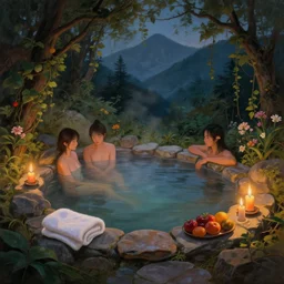 painting of cozy fantastical onsen hot spring in the mountains with candles natural light lush vines flowers fruits towels by greg rutkowski craig mullins, volumetric lighting fantasy dark atmospheric cinematic lighting, trending on artstation