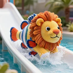 a closeup photorealistic photograph of a colorful knitted barracuda themed lion riding down a water slide. splashing. professional capture. bright scene. this 4 k hd image is trending on artstation, featured on behance, well - rendered, extra crisp, features intricate detail, epic composition and the style of unreal engine.