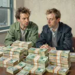 two men and many stacks of money highly detailed oil painting by francis bacon, edward hopper, adrian ghenie, glenn brown, soft light, 4 k, green beige teal and orange