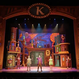 photo of a huge theaterstage, play is charlie and the chocolate factory, 3 actors on stage, 8 k, multicolored, exaggerated detailed, long shot