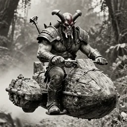 vertical movie frame with heavy warrior riding ancient wood jetpack, jungle in the background, armor inspired by diablo barbarian and fashion, strong blooded body, brutal blooded symmetrical face, epic, cinematic lighting, award winning, establishing shot, extremely high detail, photorealistic, brutal, provocative, natural lighting, octane render, old photo, vintage, black and white, sepia, old photography, documentary photography