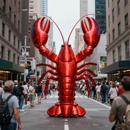 an street photograph of a giant metallic red lobster sculpture in the center of a new york street, a large crowd have gathered, by Claes Oldenburg and jeff koons, pop art, reflections, 3D render, Volumetric dynamic lighting, Highly Detailed, Cinematic Lighting, Unreal Engine, 8k, HD