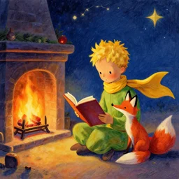 multicolor drawing of the little prince and the fox are sitting by the fireplace and reading a fairy tale, christmas night by rene magritte created at contemporary in 4 k ultra high resolution, with inspiring feeling