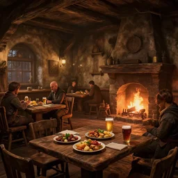 interior of a cozy skyrim tavern. food and beers on the tables. a fireplace is present, hyper detailed, digital art, artstation, cinematic lighting, studio quality, smooth render, by caravaggio, artgerm, greg rutkowski, craig mullins