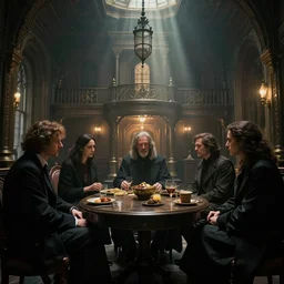 cultist secret meeting taking place in a basement of a victorian mansion. incredible voluminous indirect soft glow cinematic lighting, hyperdetailed features, movie still, intricate, octane render, unreal engine, crepuscular rays, god rays, by beeple and rhads and donato giancola