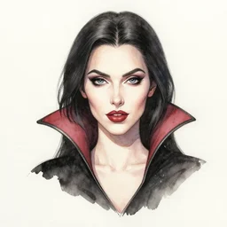 a highly detailed professional watercolor and ink portrait of a female vampire, beautiful, bloody dripping makeup, morbid, gothic, creepy, black and white and red, dark aesthetic, ominous, intricate design, detailed shiny hair, demonic goddess vampire, dripping paint, pen markings, atmospheric,