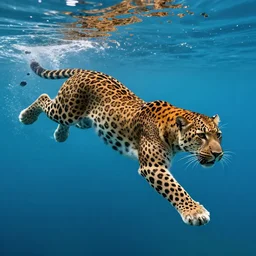 a leopard diving under water