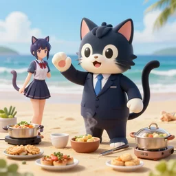 4 5 mm 1 9 8 7 cooking food photography of an corporate mascot at a beach summoning an anime demon catgirl, photography by tyler mitchell johfra bosschart