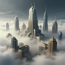 hyperrealistic matte painting of complex buildings above a mysterious and lively fog, futuristic architecture, art deco architecture, blade runner, aetherpunk, cyberpunk, by hubert robert and hugh ferris and noriyoshi ohrai