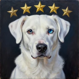 Intricate five star white Spectral dog by Pablo Picasso, oil on canvas, HDR, high detail, Photo realistic, hyperrealism,matte finish, high contrast, 3d depth, Centered, masterpiece, vivid and vibrant colors, enhanced light effect, enhanced eye detail,artstationhd