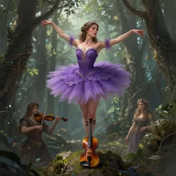 fantasy, standing on top of a violin, d & d, wearing purple romantic tutu, art by artgerm and greg rutkowski and magali villeneuve, illustration, brunette fairy woman stretching, highly detailed, trending on artstation, sharp focus, concept art, digital painting