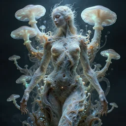 an analog organic theriomorphic holobiont in the shape of a woman body very sensual, concept art, mycorrhiza, mushroom, translucidluminescence, intricate, kim jung gi, james jean, shaun tan, analog detail, cinematic, epic wide shot, ultra detailed, sharp focus, smooth, physically rendering, photorealistic, 8 k