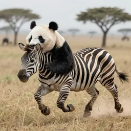 alone wild animal having a head of a giant panda and a body of a zebra, running in savannah, national geographic photo award