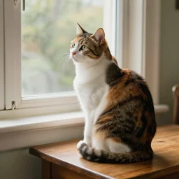 A very content calico cat sitting on a wooden table looking out a window, artist is Norman Rockwell,