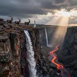 satanic mountain goats on a sheer cliffside with lavaflow, lava waterfalls, dr. suess