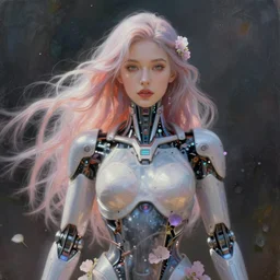 photo realism portrait of beautiful cyborg woman long hair in cyborg clothes,, romantisism, outrun, pastel flowers, painting, dramatic, detailed, by android jones