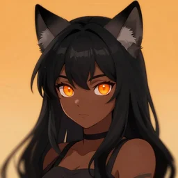 tomboy anime girl with dark skin, black hair, wolf ears and glowing orange eyes, deviantart, artstation