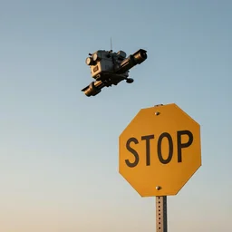 a photo of a stop sign with jetpack going above to a blue soft sky, realistic, golden hour time