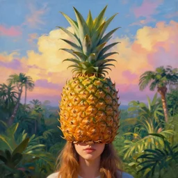 closeup, giant pineapple above head, girl surrounded by djungle, surreal photography, golden hour, colorful clouds, impressionist painting, digital painting, artstation, simon stalenhag