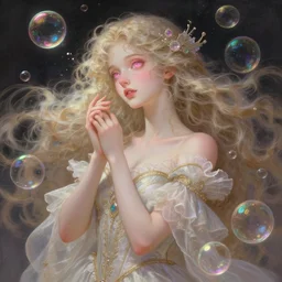 portrait of magical dream goddess, ethereal, expressive pose, pink eyes, peaceful expression, ornate frilly dress, fantasy, intricate, elegant, many rainbow bubbles, highly detailed, digital painting, artstation, concept art, smooth, sharp focus, illustration, art by artgerm and greg rutkowski and alphonse mucha