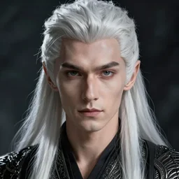 a portrait of a male drow elf with long white hair, pale gray skin, buzzed hair on temple, young adult, defined cheek bones, serious, noble, style by donato giancola, wayne reynolds, jeff easley dramatic light, high detail, cinematic lighting, artstation, dungeons and dragons