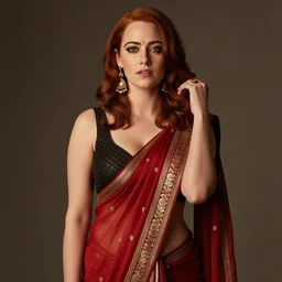 stunning beauty attractive emma stone wearing assamese mekhela style costume ; portrait by artgerm and tom bagshaw ; trending on artstation ; award winning, sultry seductive pinup pose ; cinematic natural dramatic lighting, studio photography by annie leibovitz