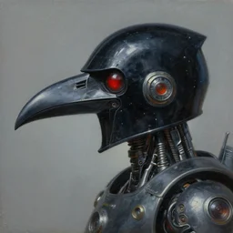 side view of cybernetic raven black bird beak helmet. game informer ( 1 9 8 9 ). droid. dieselpunk. realism oil on canvas by ralph mcquarrie