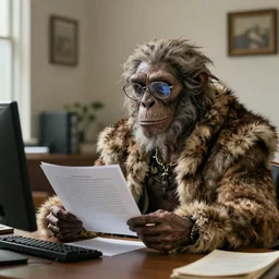 photo of a real Neanderthal in a fur clothing and spectacles, reading a document at a desk in an office. Highly detailed 8k. Intricate. Sony a7r iv 55mm. Award winning.