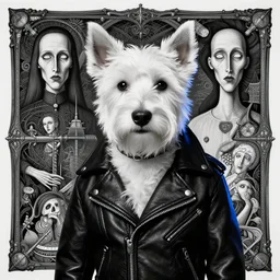 a white terrier dog in a black leather biker jacket portrait by lee jeffries, in the style of beksinski, intricate composition, black and white by caravaggio, highly quality, highly detailed, masterpiece, blue light, artstation