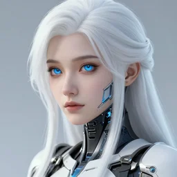 detailed portrait of perfect white haired girl, android, warframe armor, beautiful, dreamy, pretty face, blue cyborg, eyes, innocent, scifi, 4 k, blue, gold, sun yunjoo, ultra realistic, aura of light, cinematic lighting, highly detailed, sharp focus, masterpiece, art by hyungjin yang