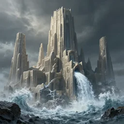 fantasy rendering of atlantis rising, art deco city, torrent, maelstrom, dante, chiseled formations, atmospheric, ambient, frost, matte painting