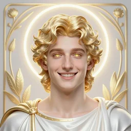 portrait of smirking young god apollo, wavy blond hair, bright halo, glowing eyes, volumetric lights, platinum gold scheme, art nouveau botanicals, gothic, intricate, highly detailed, digital painting, artstation, concept art, smooth, sharp focus, symmetric face, illustration, steampunk, art by artgerm and greg rutkowski and alphonse mucha