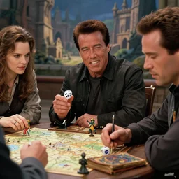 film still dnd, schwarzenegger, beckinsale, theron, lawther sit at table playing dnd, dices map book miniatures, finely detailed features, closeup at the faces, perfect art, at an ancient city by akihiko yoshida