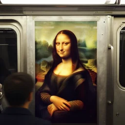 color photograph of mona lisa riding subway, 3 5 mm, photo portrait wide angle