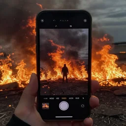a selfie at the end of the world, apocalypse, phone camera, 4k, fire