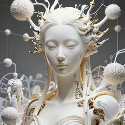 hyper detailed ultra sharp portrait of a beautiful well contoured porcelain ivory smooth fair subconscious god, up close shot, sharp focus, global illumination, radiant light, biomechanical white silver gold rhizomorphs, cyberpunk brackets, laser cut paper, puffballs, alexandre ferra white mecha, irakli nadar, alexander mcqueen, octane highly render, 4 k, ultra hd,