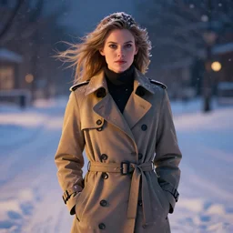 portrait of cindy crawford in a trench coat on a windy evening, winter, snow, artstation, volumetric lighting, octane render, sylvain sarrailh