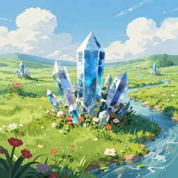 crystals, green meadow, flowers, red leaves, stream, clouds, epic fantasy, colorfully, digital art, concept art, detailed illustration, hd, 4 k, digital art, by anato finnstark, maxime desmettre, greg rutkowski, trending on artstation