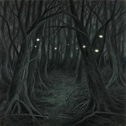 a scene of a dark, dank swamp, with twisted trees and eerie glowing eyes staring from the shadows smell hilma af klint drawn by the new yorker,