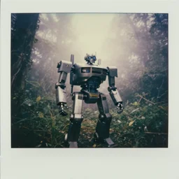 trans - formers car robot!, fog, in deep jungle forest jungle, overcast! cinematic focus, old damagaed polaroid photo, vintage, neutral colors, faded!! very soft lights, big overcast, very foggy, full shot by steve hanks, by serov valentin, by lisa yuskavage, by andrei tarkovsky
