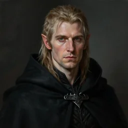 Portrait of an elven man wearing a black cloak, male, detailed face, fantasy, highly detailed, cinematic lighting, digital art painting by greg rutkowski
